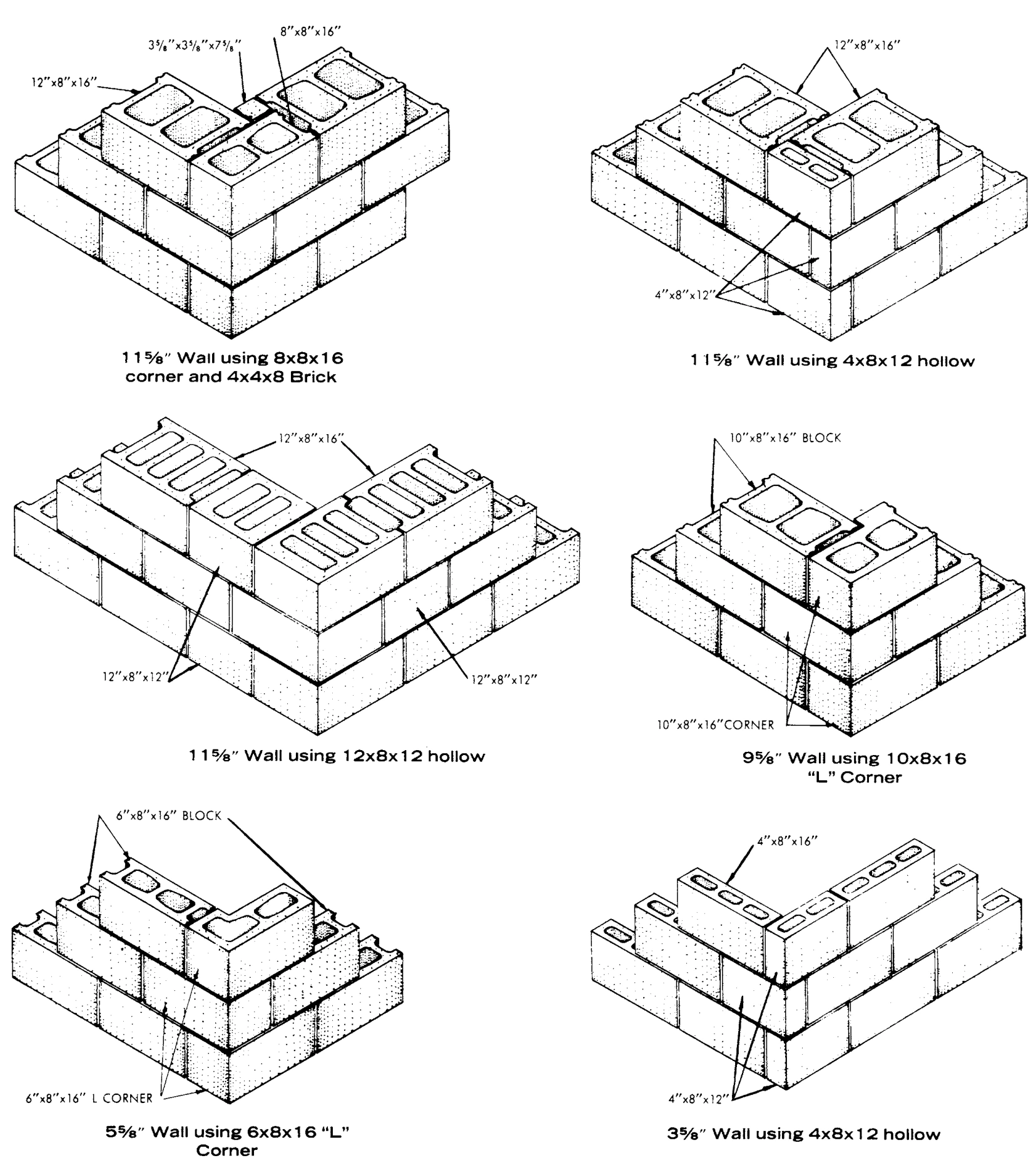 Reference drawings of concrete masonry corner arrangements for different wall widths.