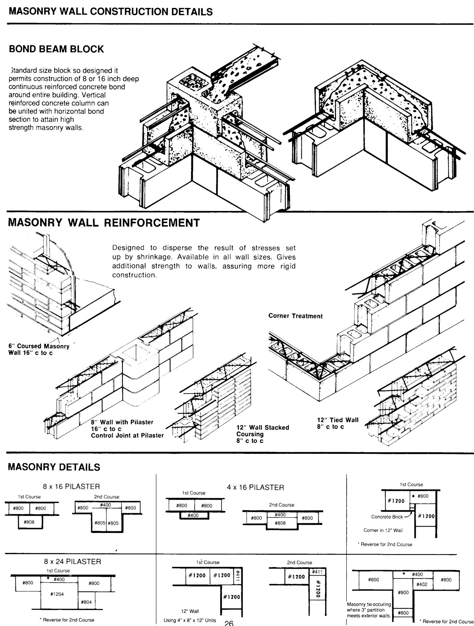 Reference wall-intersection, reinforced masonry and pilaster sketches; design must follow project-specific drawings.